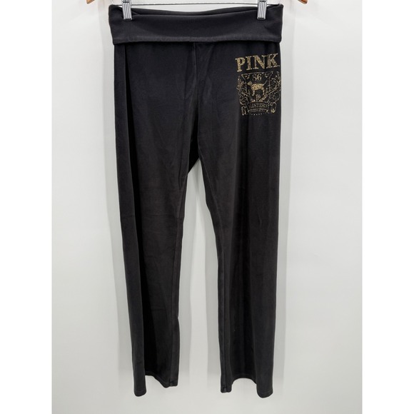 Victoria's Secret PINK Black Velour Yoga Pants Gold Crest Graphic XS Vintage Y2K - Picture 2 of 7